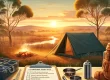 An image of a serene Australian camping scene at sunrise, with a well-organized camping setup. Include a tent, camping gear such as a backpack, cookin